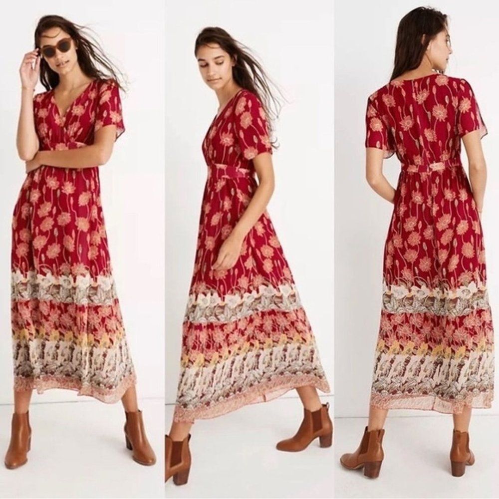 Madewell Red Floral Maxi Dress with Multi-Color Border